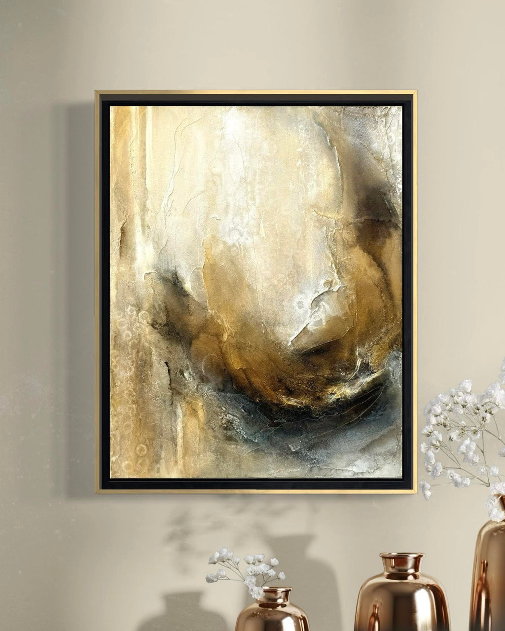 In Repose Abstract Gold Bloom modern floating frame