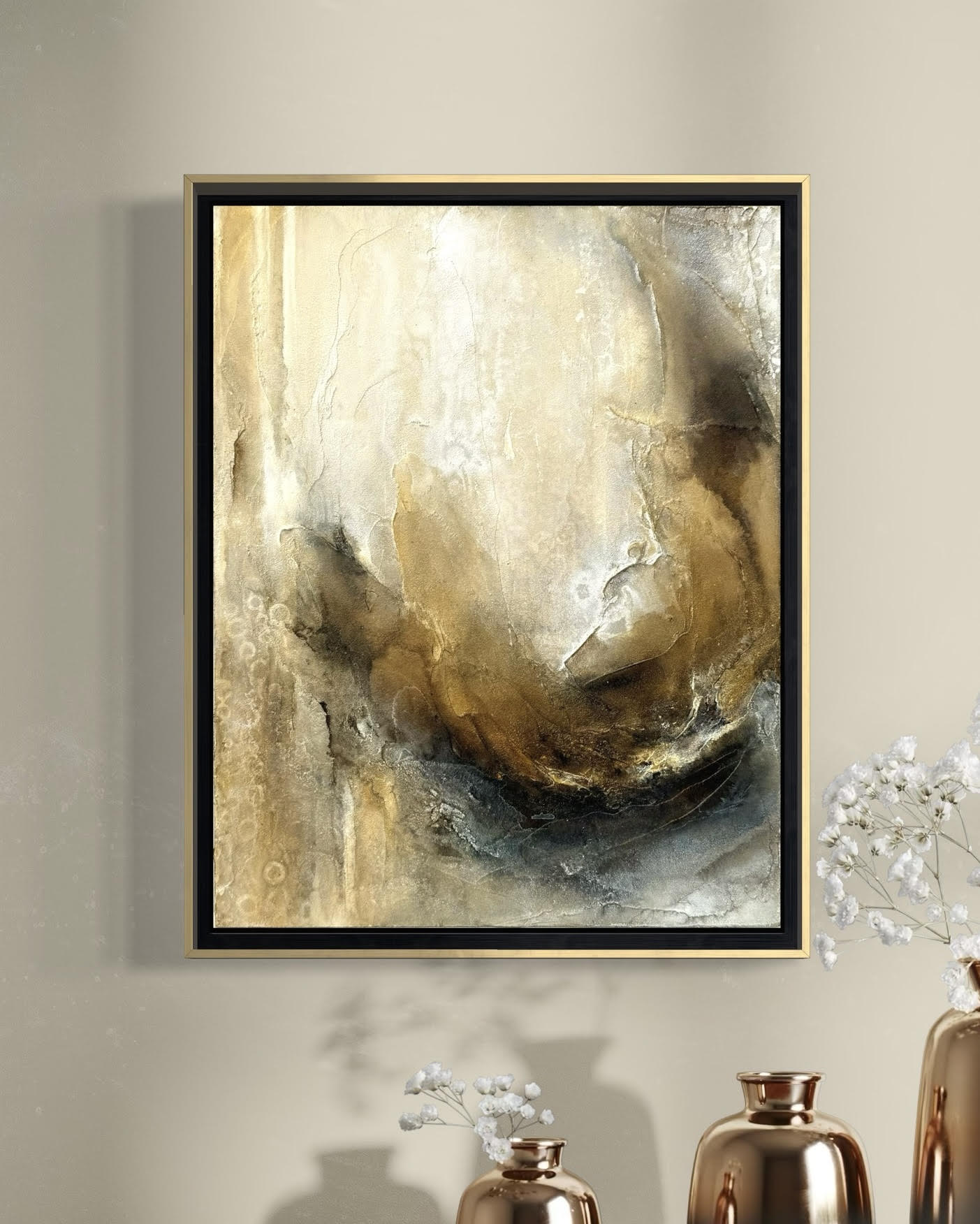 In Repose Abstract Gold Bloom modern floating frame