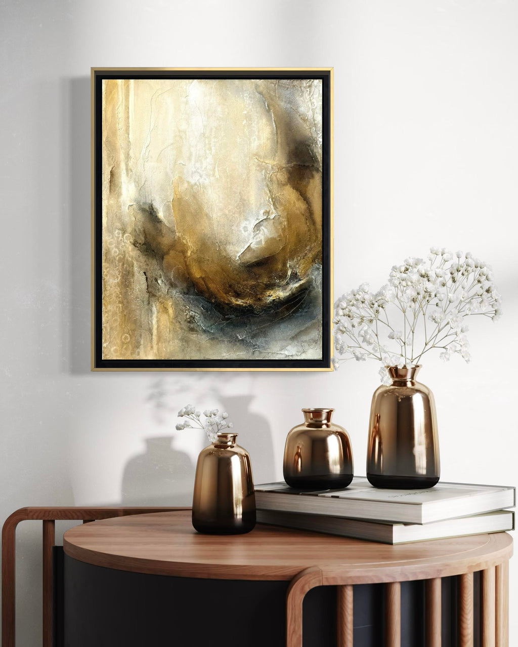 In Repose abstract painting in gold frame and modern space