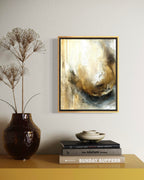 In Repose, textured gold abstract bloom painting in floating frame and modern office.