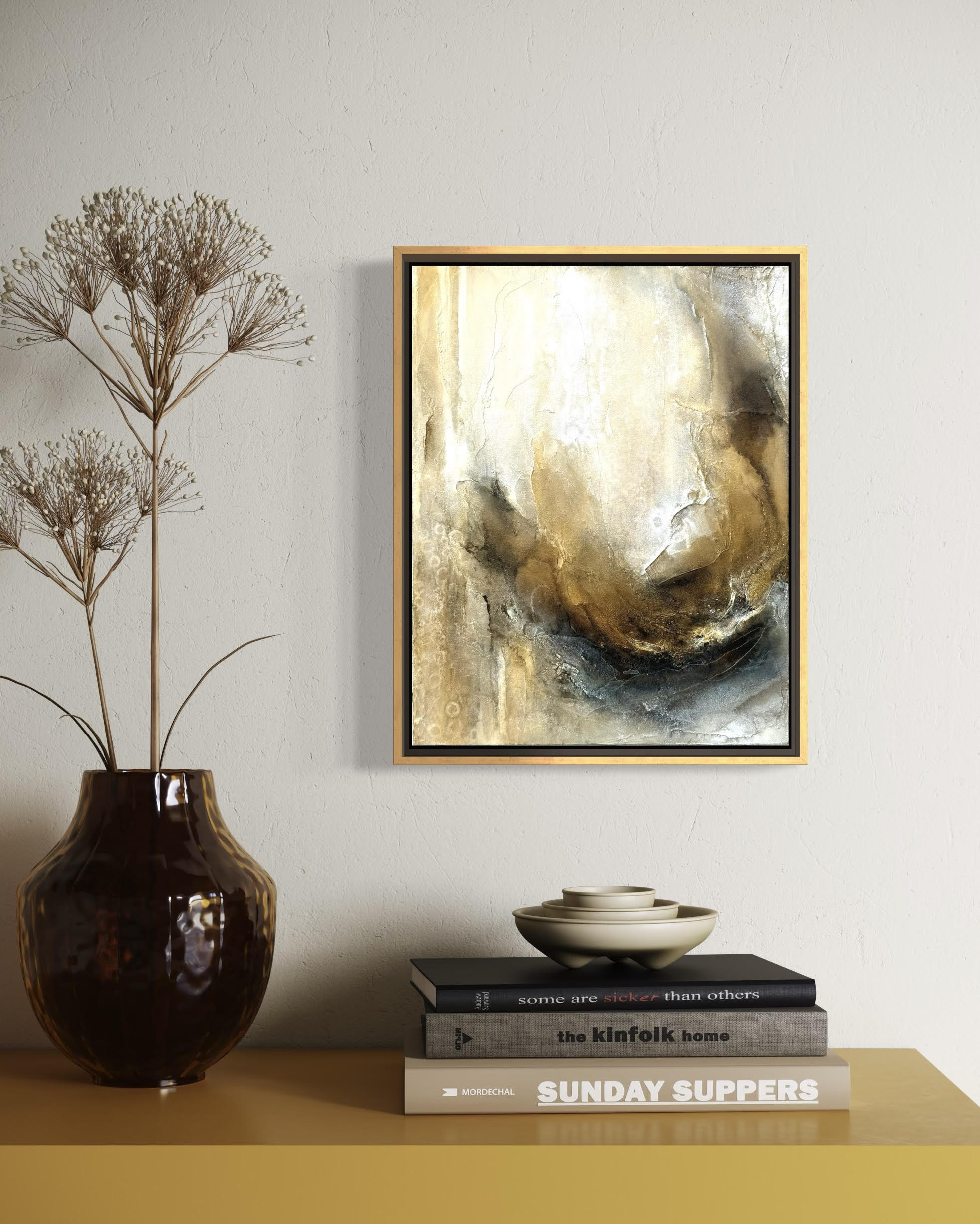 In Repose, textured gold abstract bloom painting in floating frame and modern office.