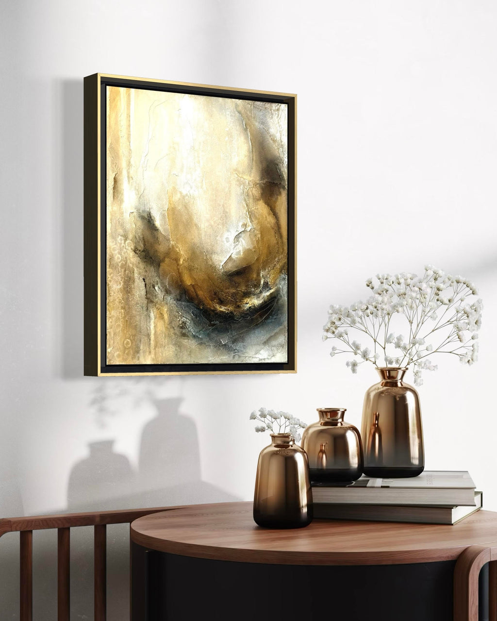 In Repose abstract gold bloom painting in gallery space