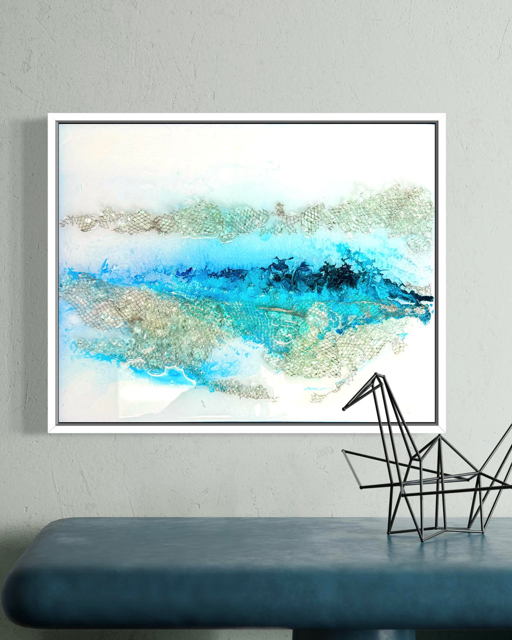 Mixed media artwork with kiln-formed recycled glass and aqua blue textures inspired by arctic landscapes by Jen Muse