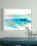 Mixed media artwork with kiln-formed recycled glass and aqua blue textures inspired by arctic landscapes by Jen Muse