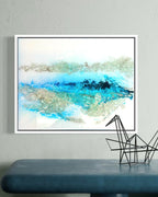 Mixed media artwork with kiln-formed recycled glass and aqua blue textures inspired by arctic landscapes by Jen Muse