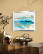 Mixed media artwork with kiln-formed recycled glass and aqua blue textures inspired by arctic landscapes in modern dining room