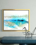 Mixed media artwork with kiln-formed recycled glass and aqua blue textures inspired by arctic landscapes in gold frame
