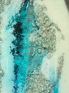 Mixed media artwork with kiln-formed recycled glass and aqua blue textures details
