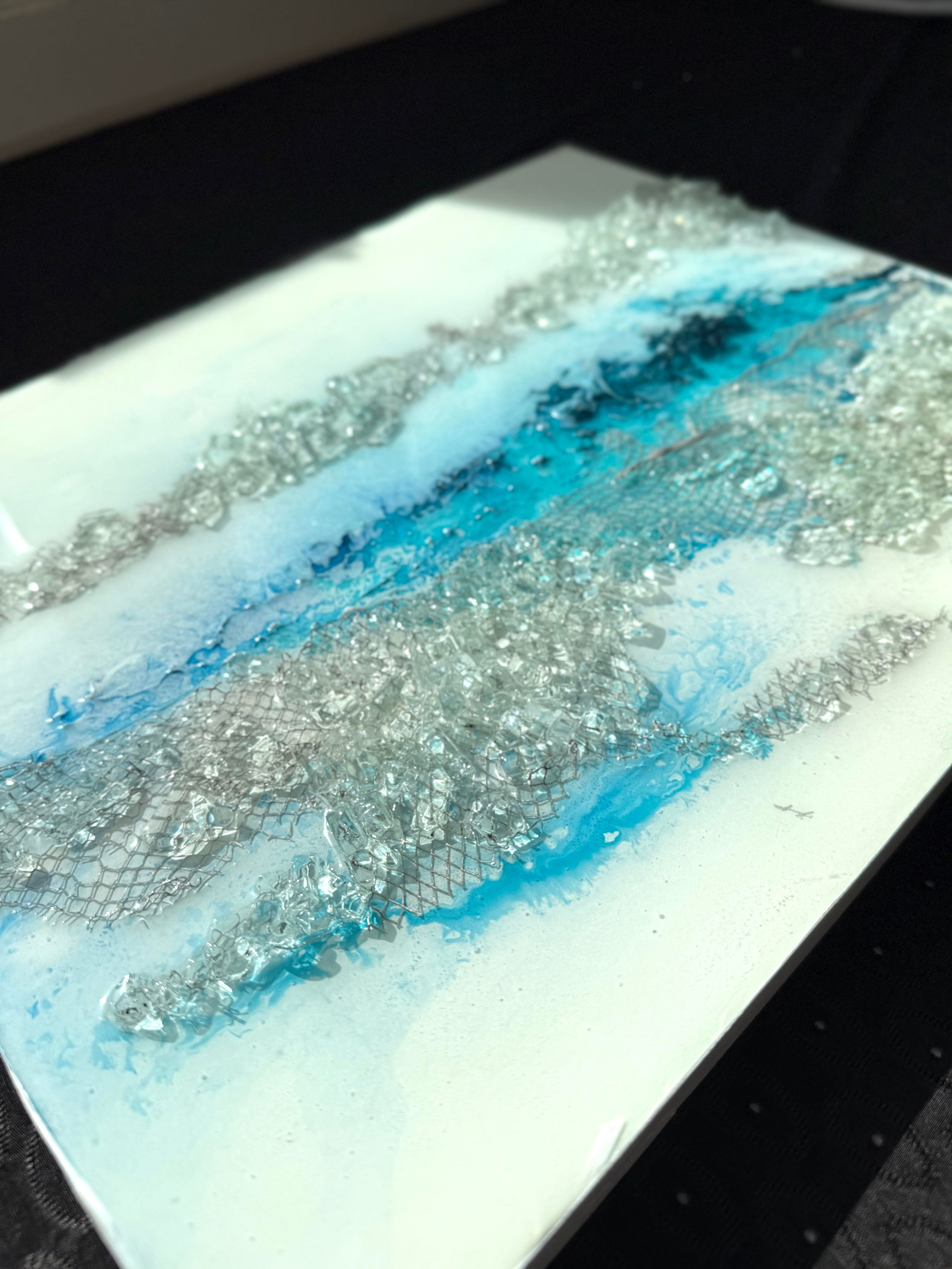 Mixed media artwork with kiln-formed recycled glass and aqua blues in detail