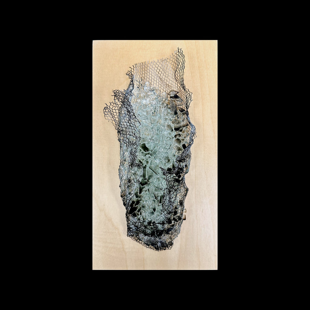 Kiln-formed glass wall sculpture with flame-finished maple backing by Jen Muse
