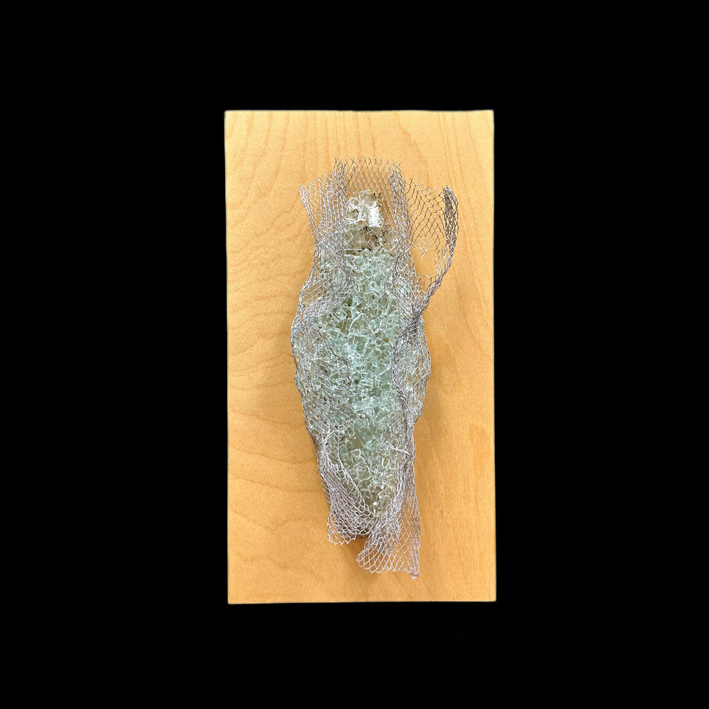 Kiln-formed recycled glass wall sculpture on maple wood by Jen Muse
