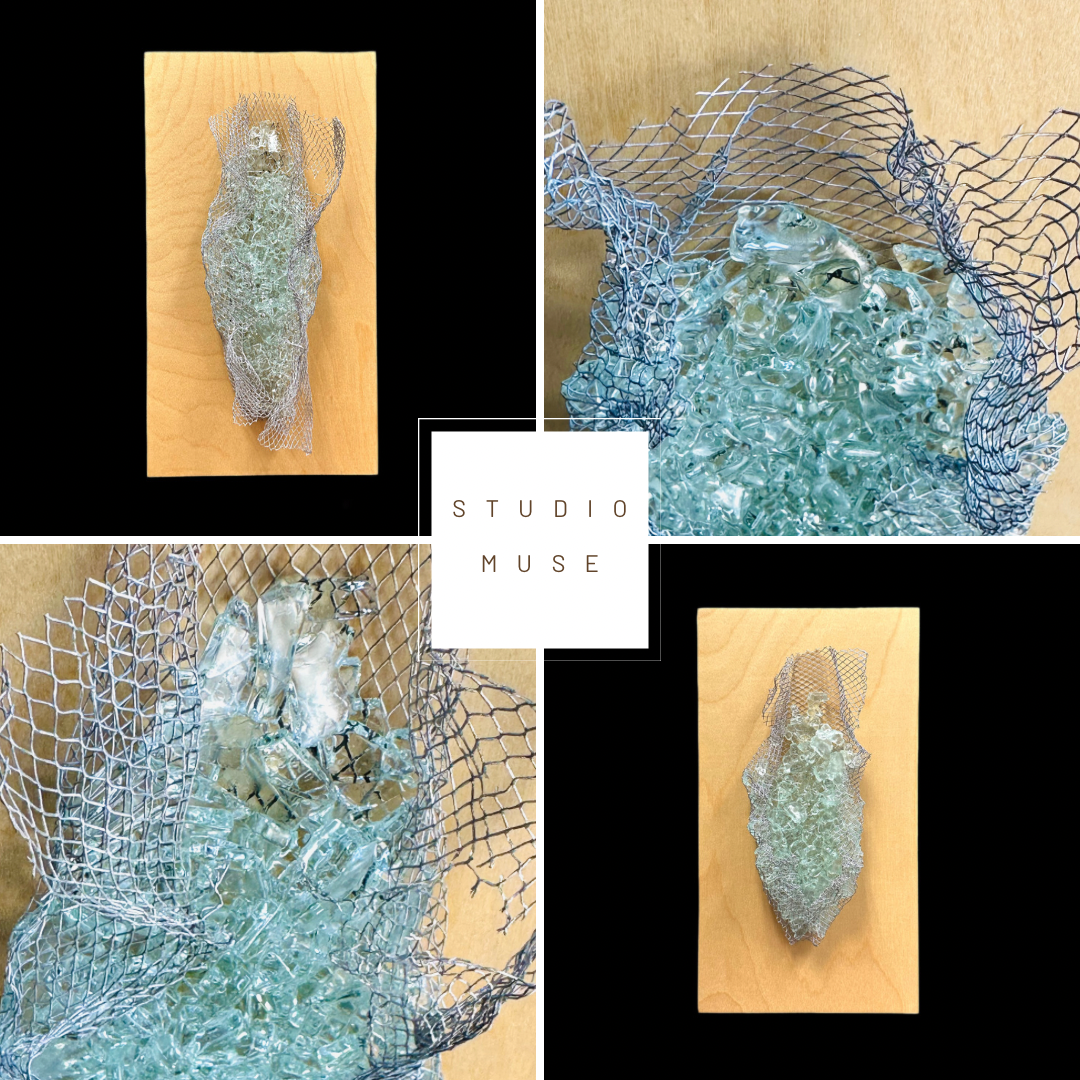 Glass Minis kiln-formed recycled glass wall sculptures on wood by Jen Muse
