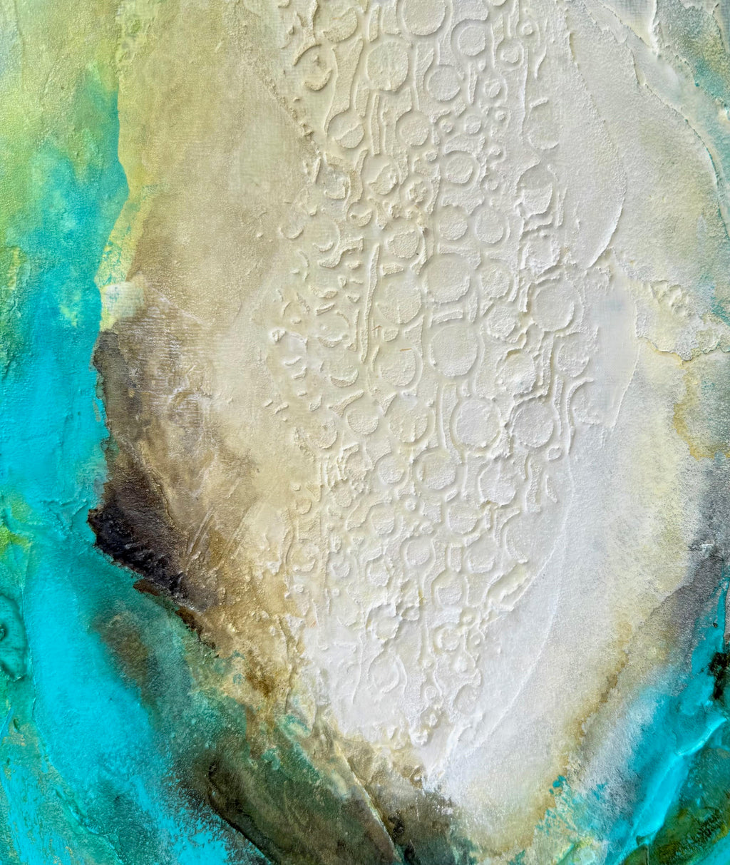 mixed media abstract ocean painting showing close up of texturized bubbles