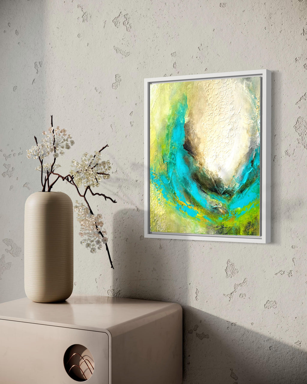 Mixed media abstract ocean inspired painting in modern room