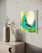 Mixed media abstract ocean inspired painting in modern room