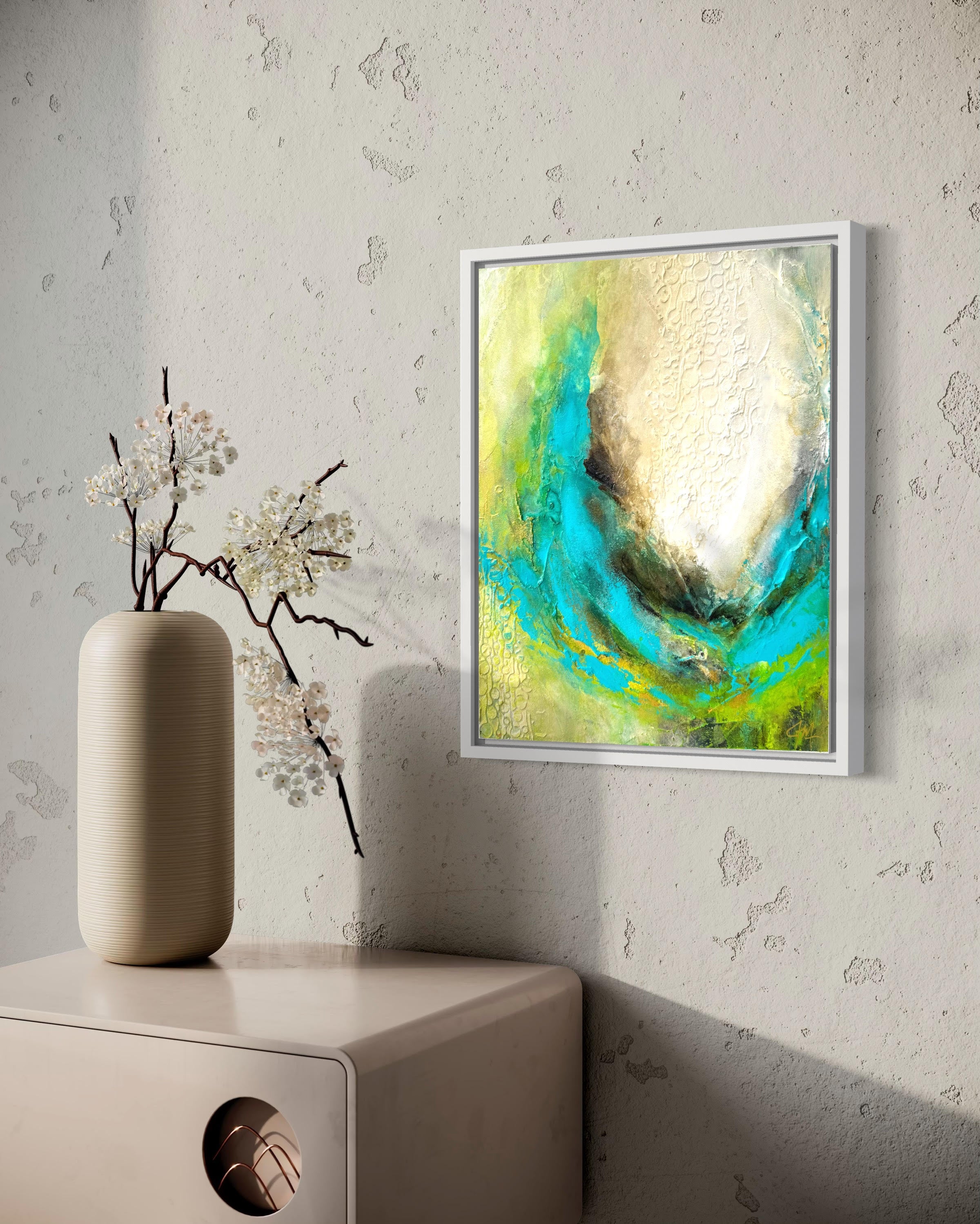 Mixed media abstract ocean inspired painting in modern room