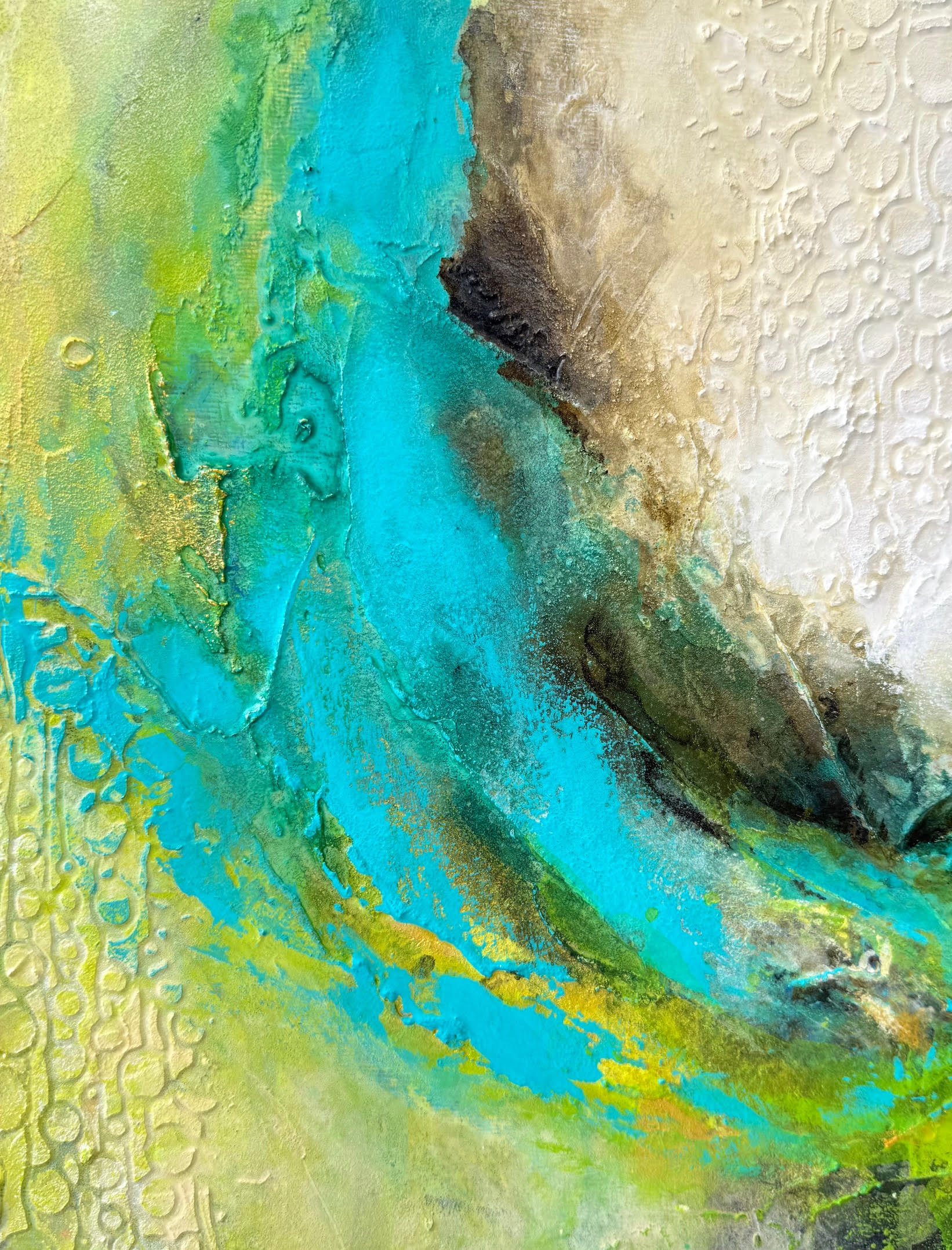 Mixed media abstract ocean painting detail with texture