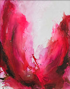 Abstract bloom painting with pink, fuchsia, and deep red tones by Jen Muse