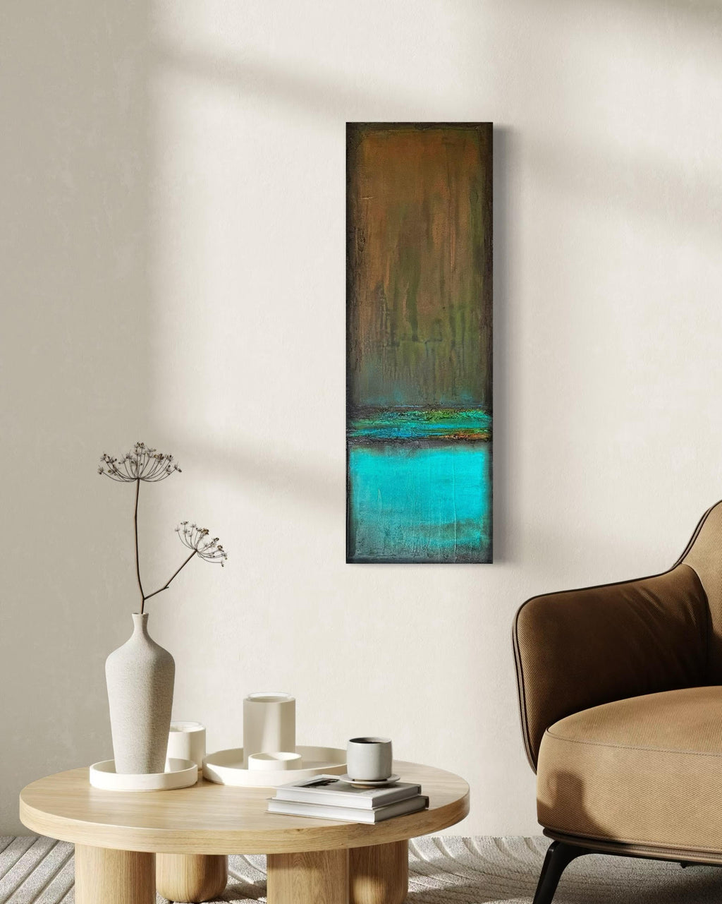 Mind Matter Spirit abstract painting shown in a modern reading room studio by artist Jen Muse