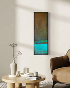 Mind Matter Spirit abstract painting shown in a modern reading room studio by artist Jen Muse
