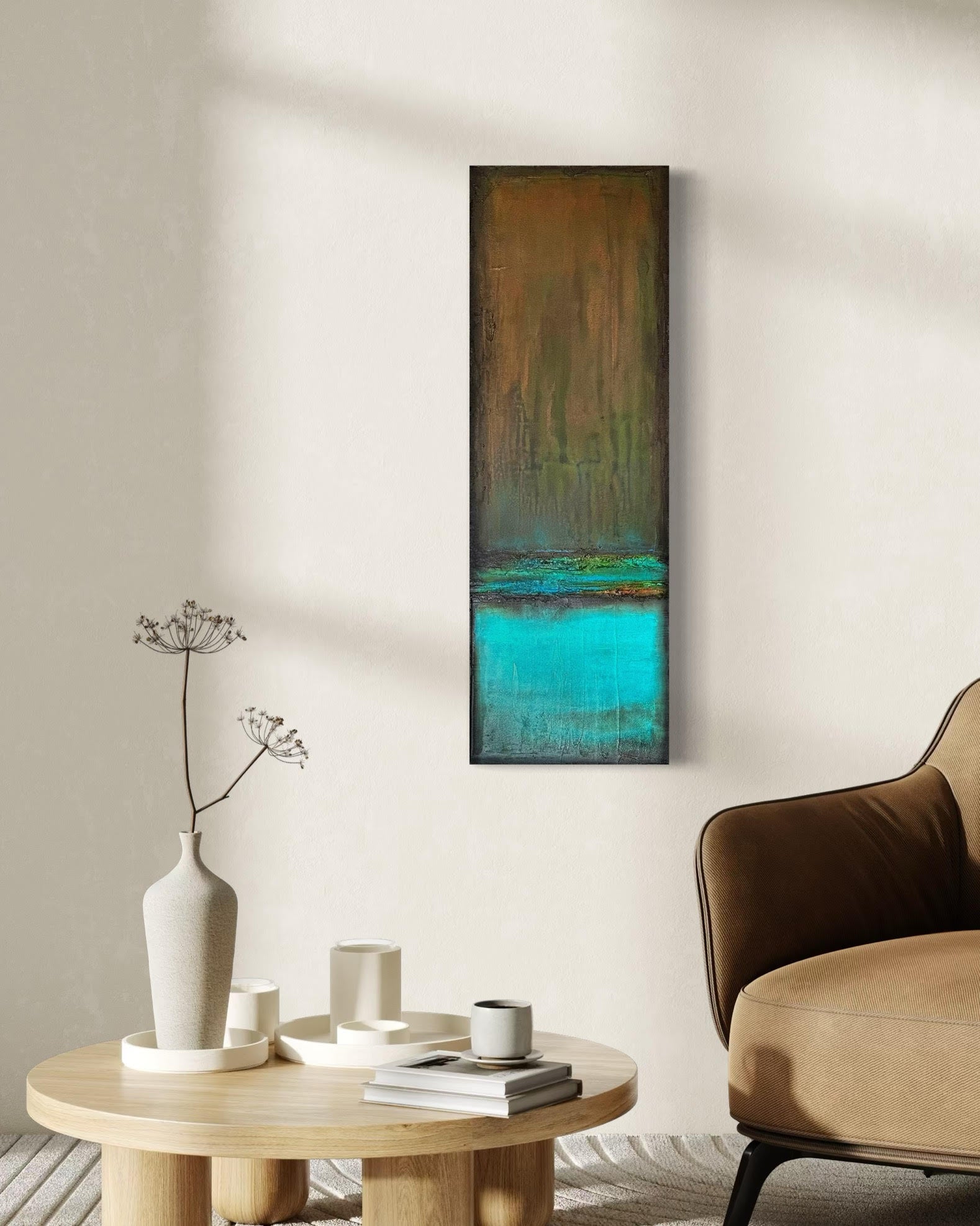 Mind Matter Spirit abstract painting shown in a modern reading room studio by artist Jen Muse