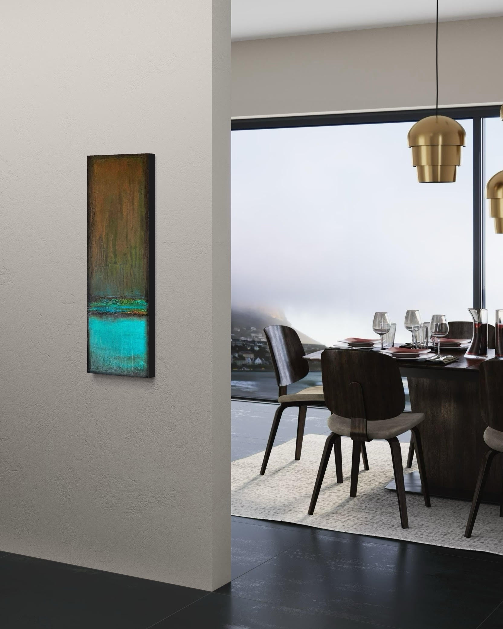 Mind Matter Spirit abstract painting shown in a modern home with contemporary architecture by artist Jen Muse