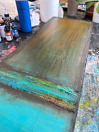 Up close copper like paint textures in Mind Matter Spirit by artist Jen Muse