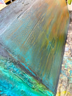 Up close aged copper like paint textures in Mind Matter Spirit by artist Jen Muse