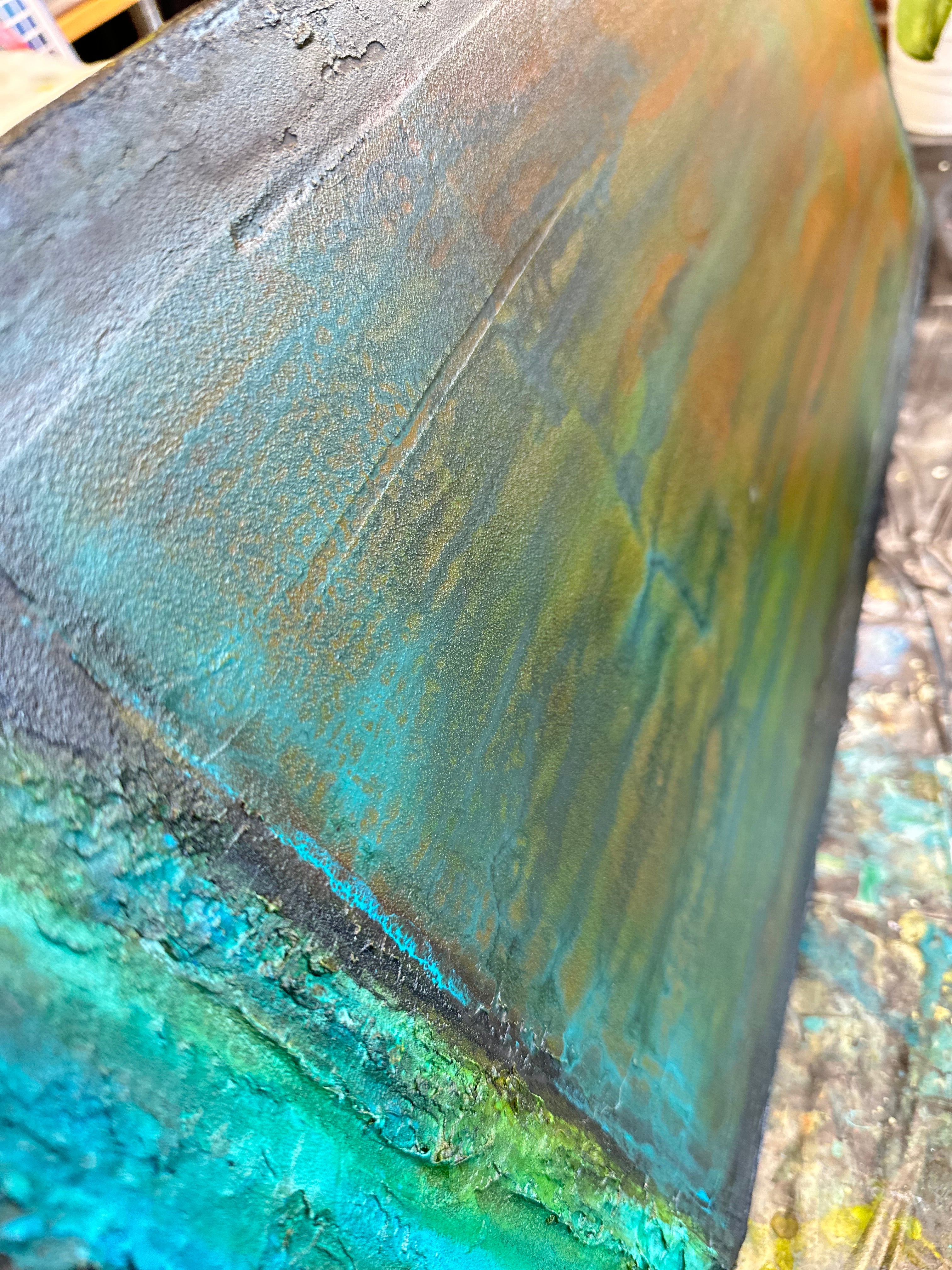 Up close aged copper like paint textures in Mind Matter Spirit by artist Jen Muse