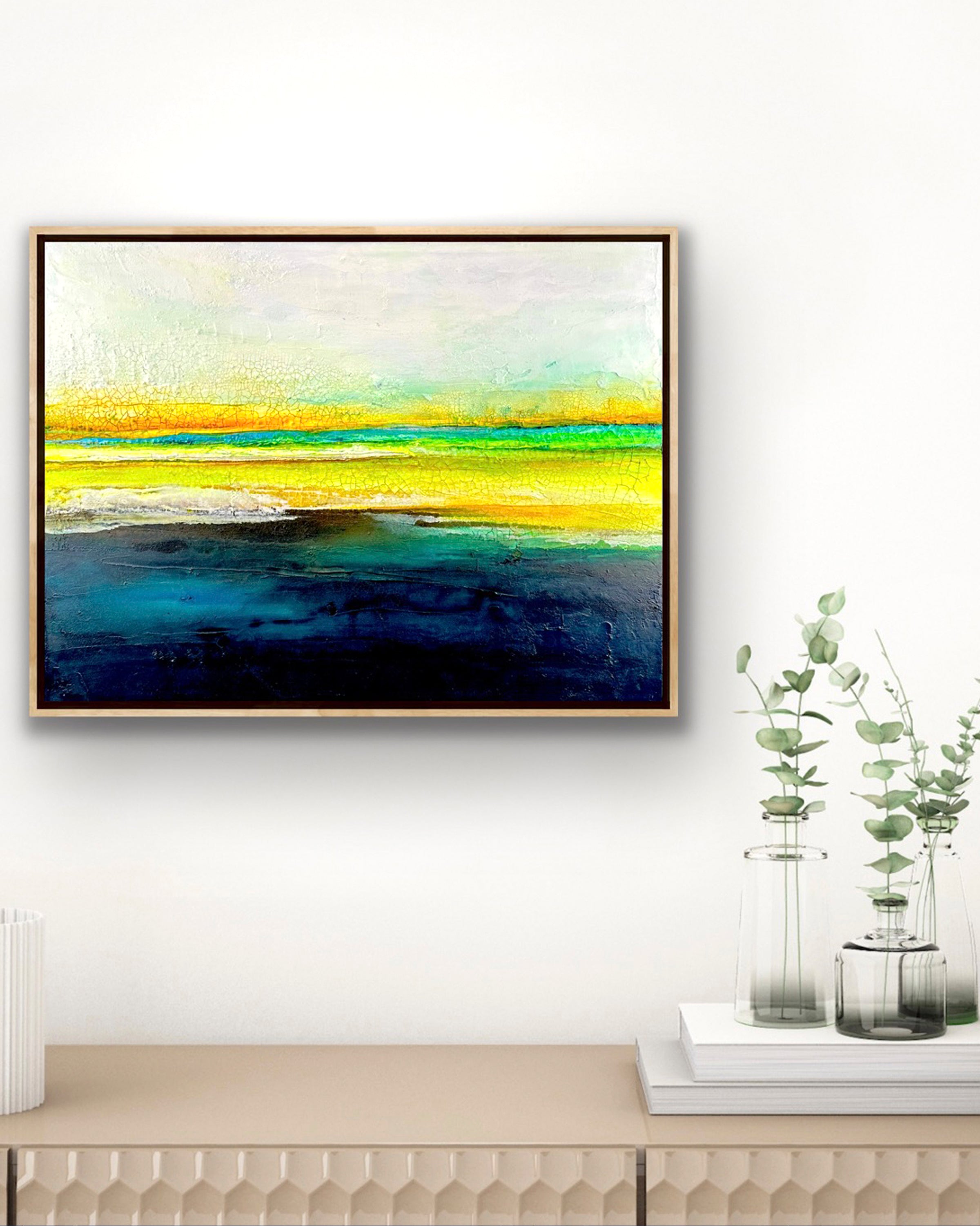 Oceanside Earth Edges Collection abstract ocean painting in modern bedroom