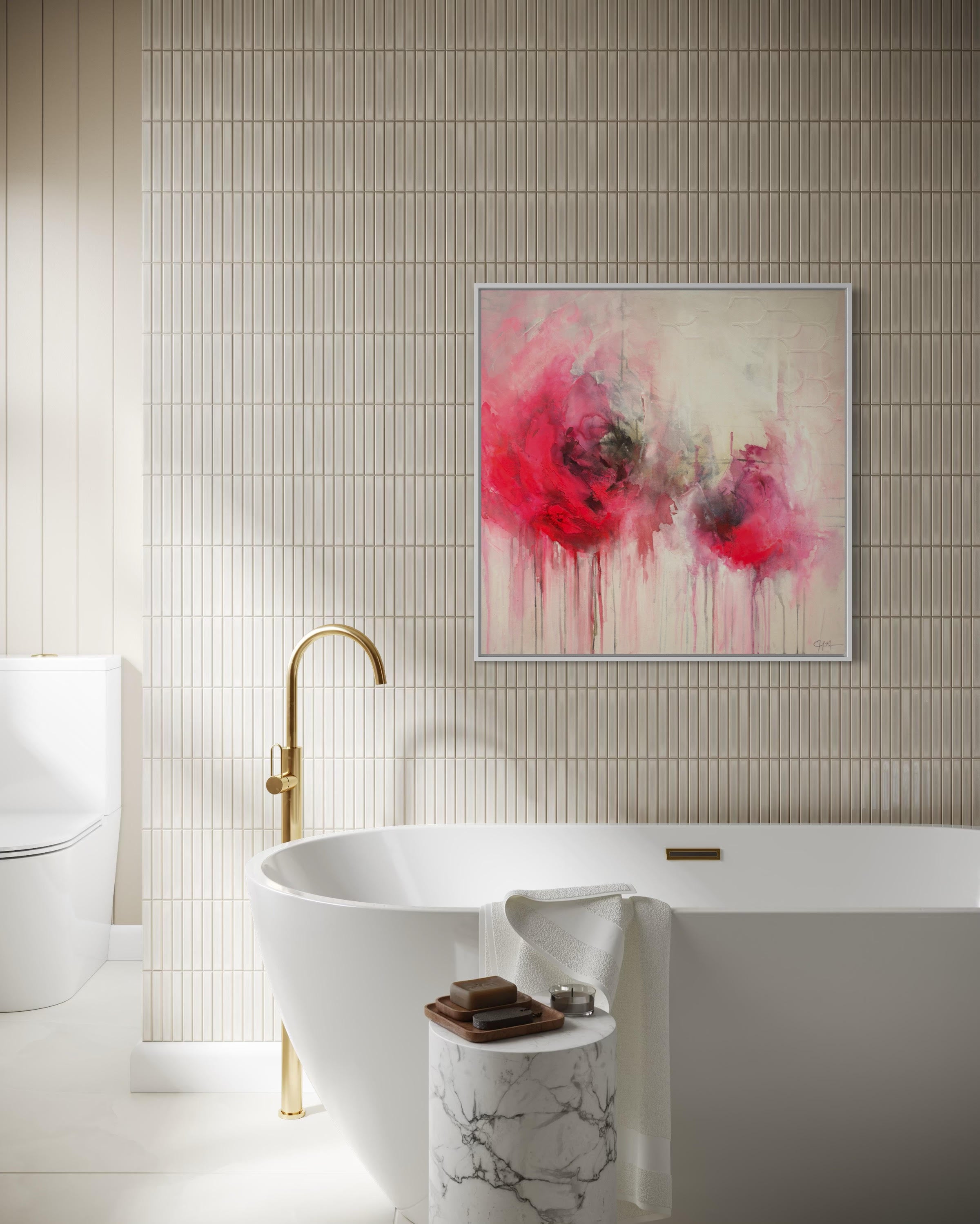 Pink Evanescence modern mixed media painting in modern bathroom