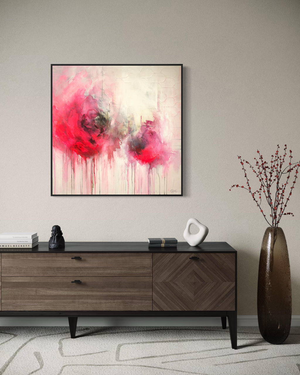 Pink Evanescence abstract painting framed in black over modern walnut console