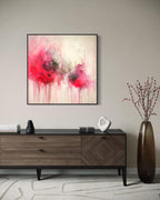 Pink Evanescence abstract painting framed in black over modern walnut console