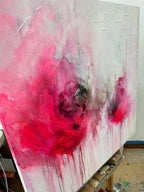 Pink Evanescence abstract painting detail with bright pink, black, and white flowing forms