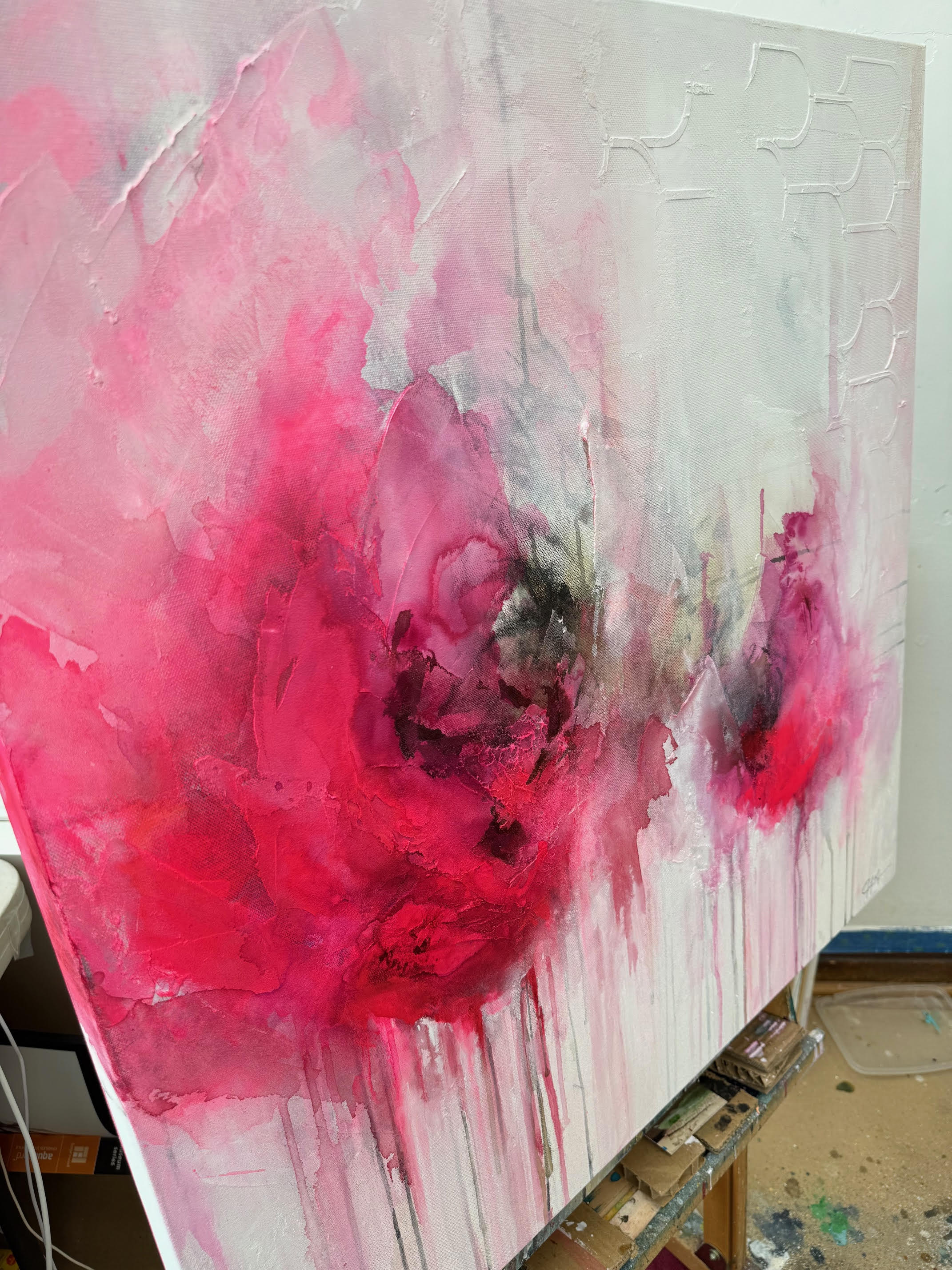 Pink Evanescence abstract painting detail with bright pink, black, and white flowing forms