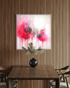 Pink Evanescence abstract painting framed in white in modern dining room