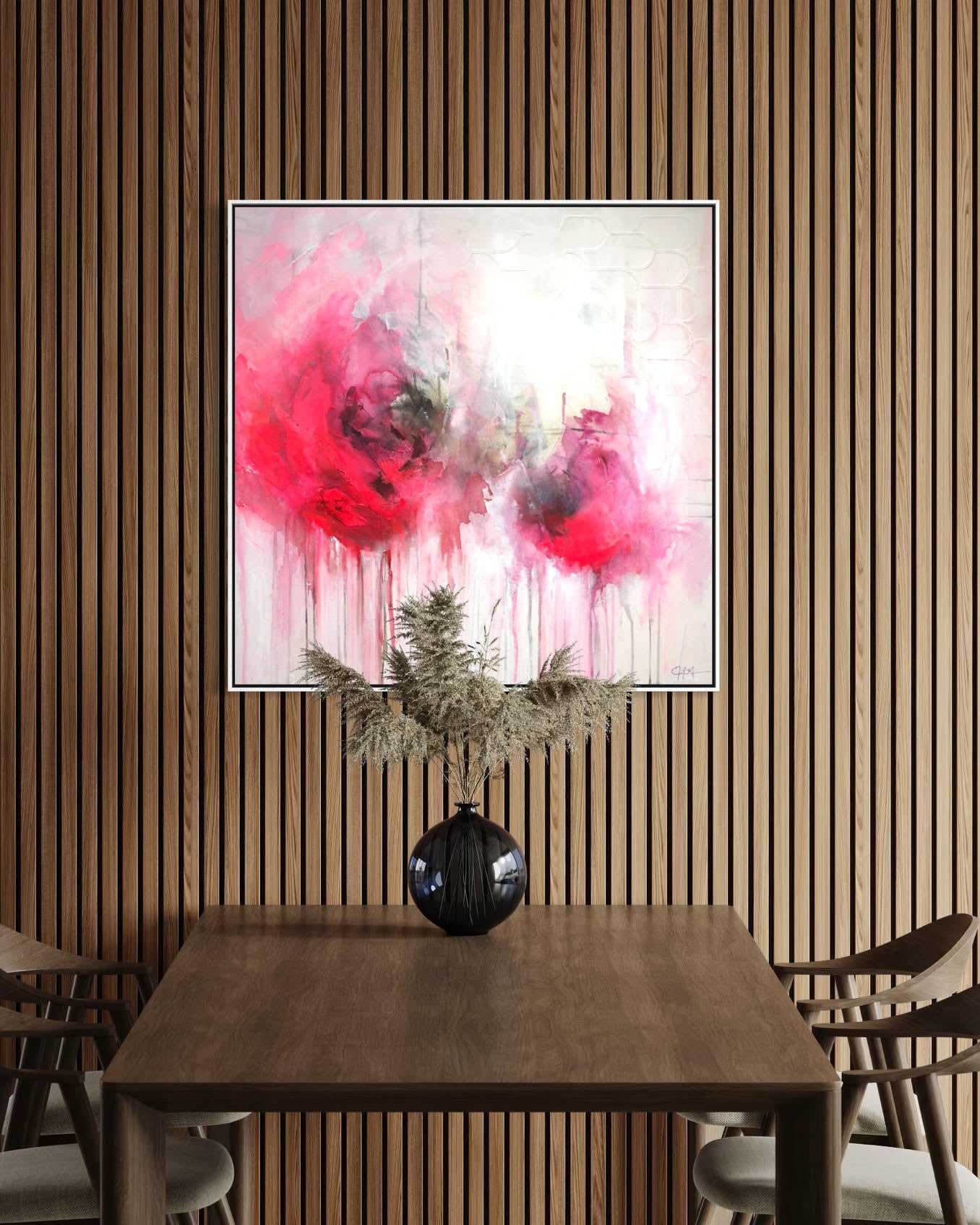 Pink Evanescence abstract painting framed in white in modern dining room
