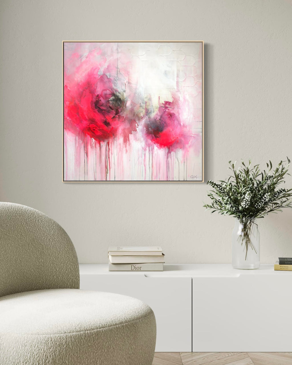 Pink Evanescence mixed media pink painting in modern interior