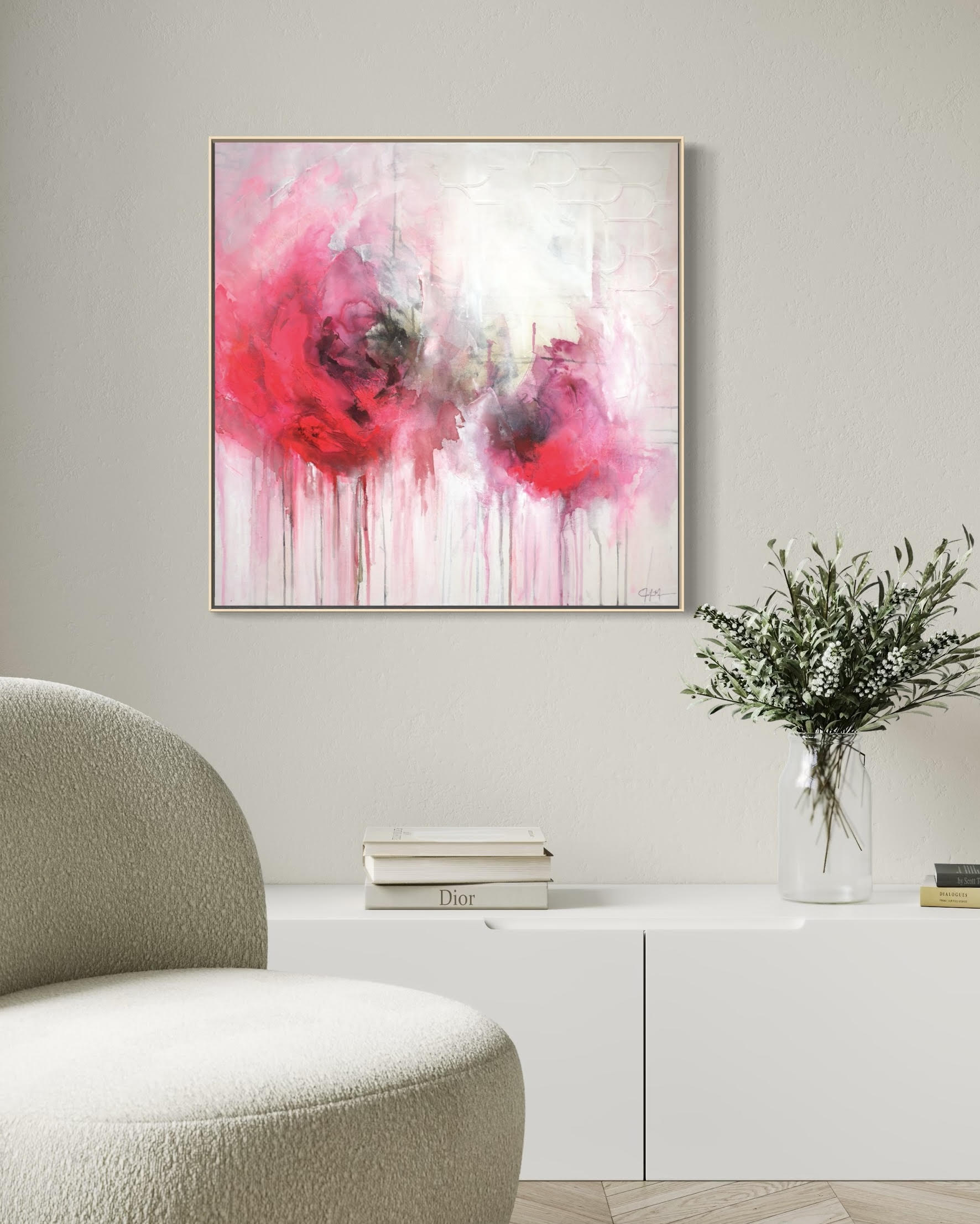 Pink Evanescence mixed media pink painting in modern interior
