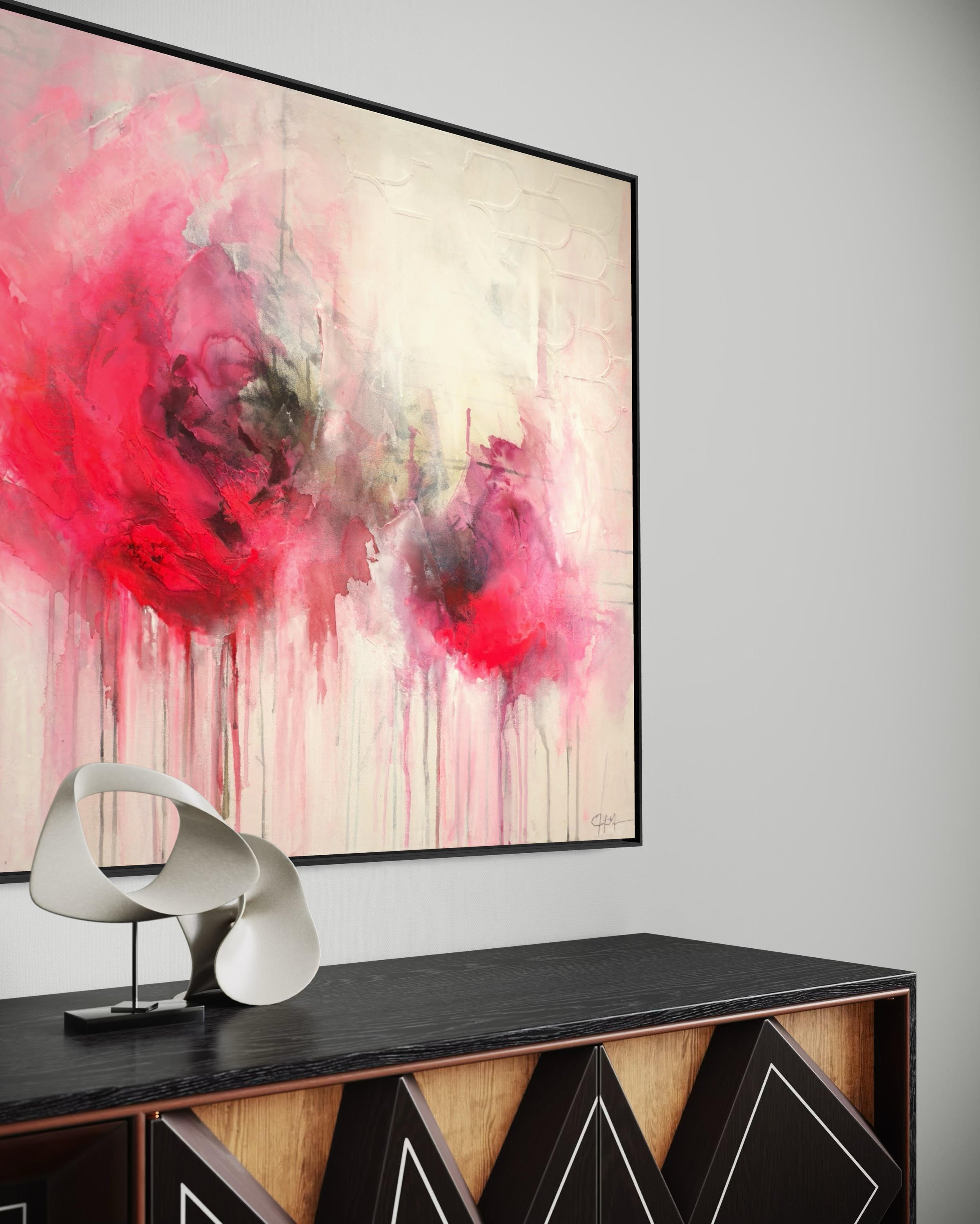 Pink evanescence Modern Floral Abstract painting with vibrant pinks and blacks framed in modern space