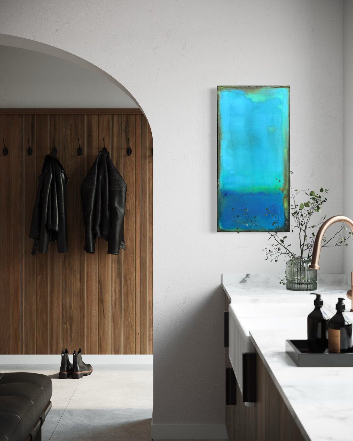 quietly waiting zen abstract shown in  a modern kitchen by artist jen muse