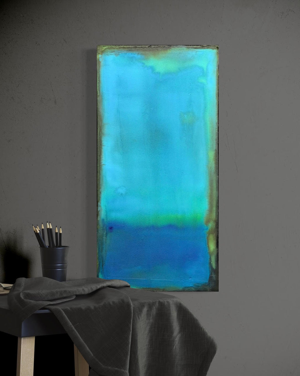 quietly waiting zen abstract shown in  a modern studio by artist jen muse