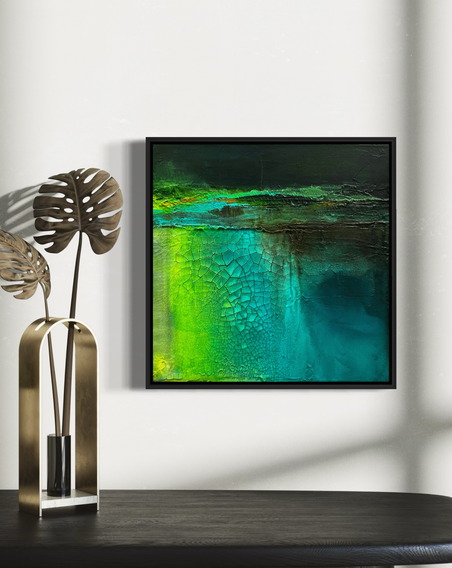 swept modern mixed media abstract landscape in modern home by artist Jen Muse