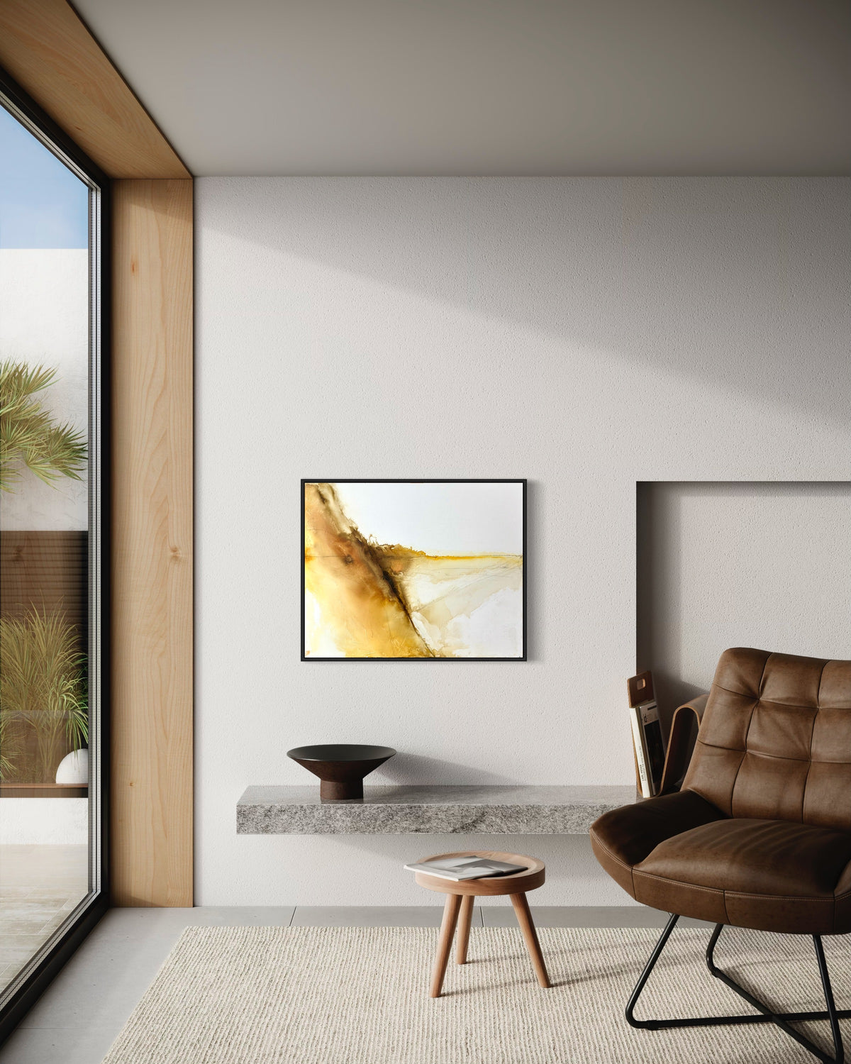 The Dune is abstract acrylic painting inspired the Lake Michigan Sand Dunes shown in a modern home by artist Jen Muse