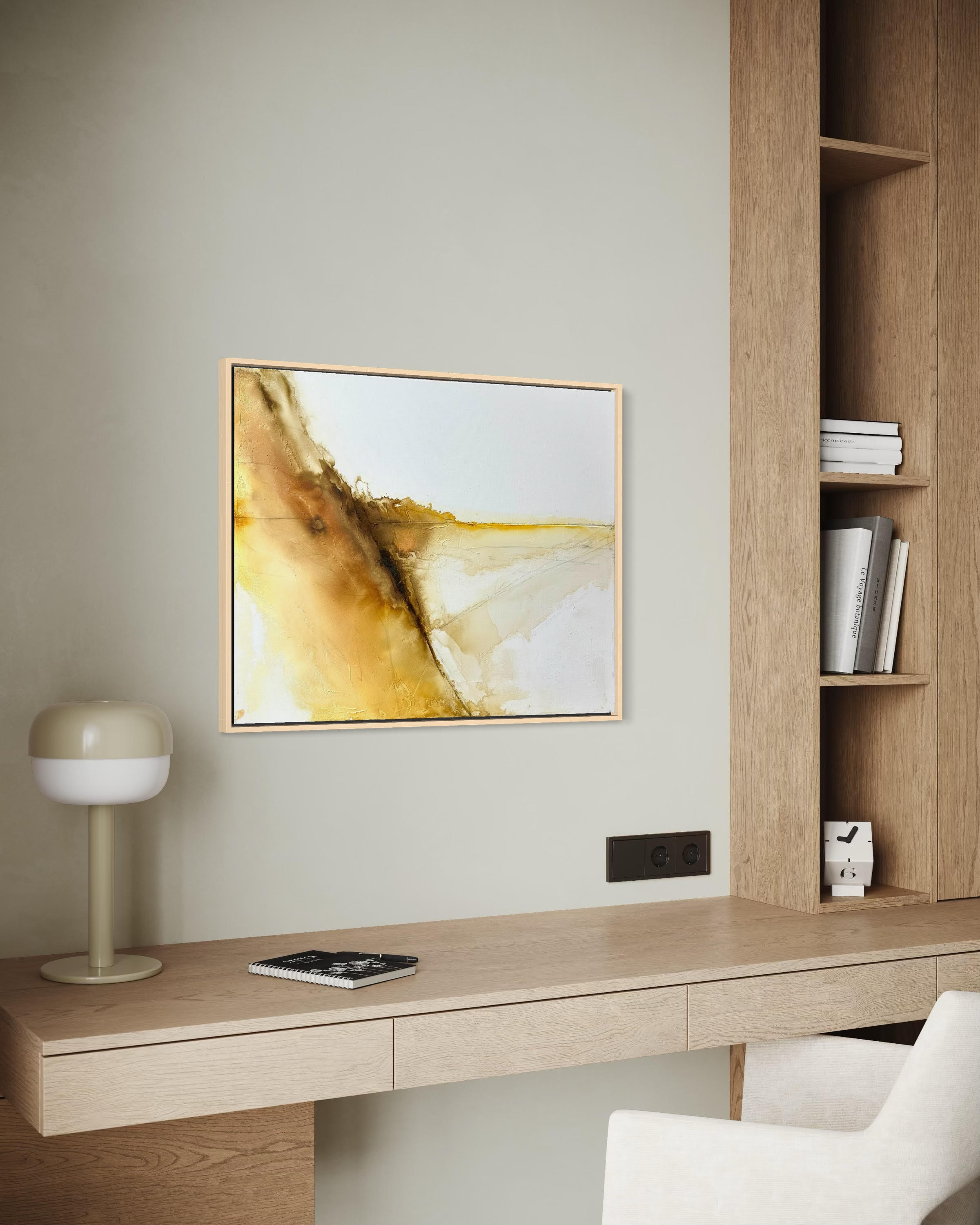 The Dune is abstract acrylic painting inspired the Lake Michigan Sand Dunes shown in a modern office by artist Jen Muse