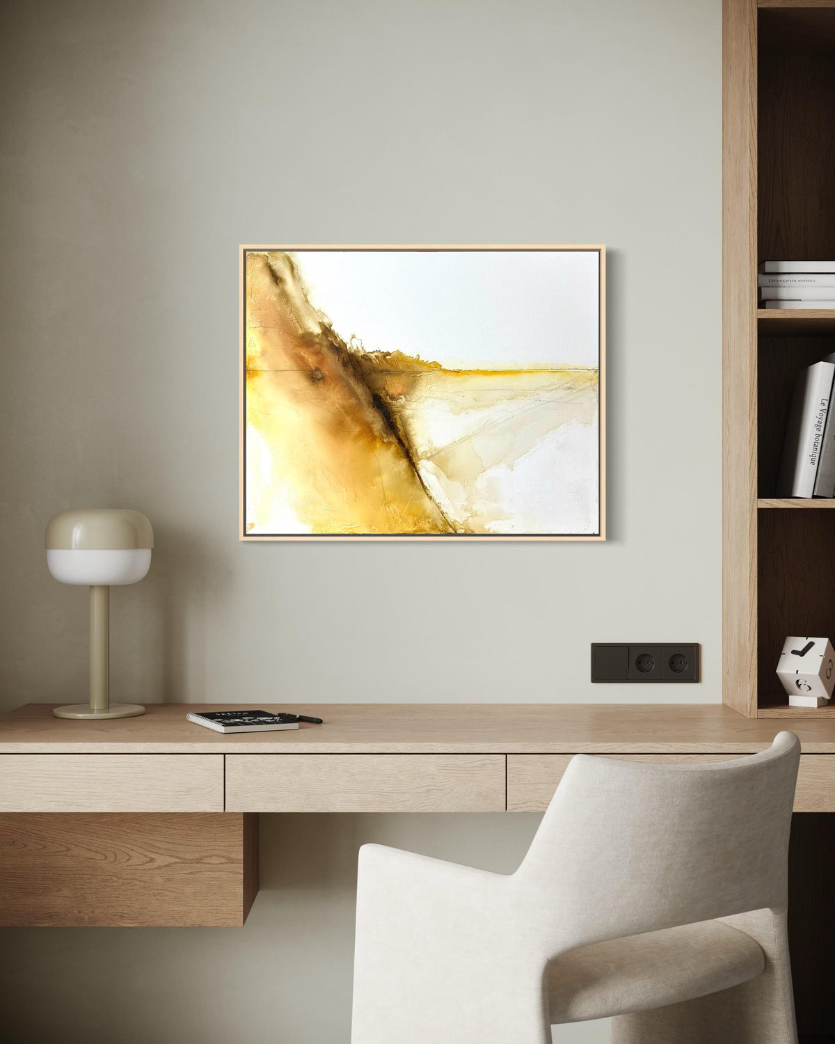 The Dune is abstract acrylic painting inspired the Lake Michigan Sand Dunes shown framed in a modern office by artist Jen Muse