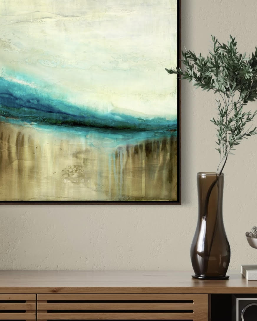 The Flow of Time is an abstract Cenote Painting shown in a walnut frame by artist Jen Muse