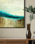 The Flow of Time is an abstract Cenote Painting shown in a walnut frame by artist Jen Muse