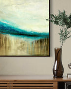 The Flow of Time is an abstract Cenote Painting shown in a walnut frame by artist Jen Muse