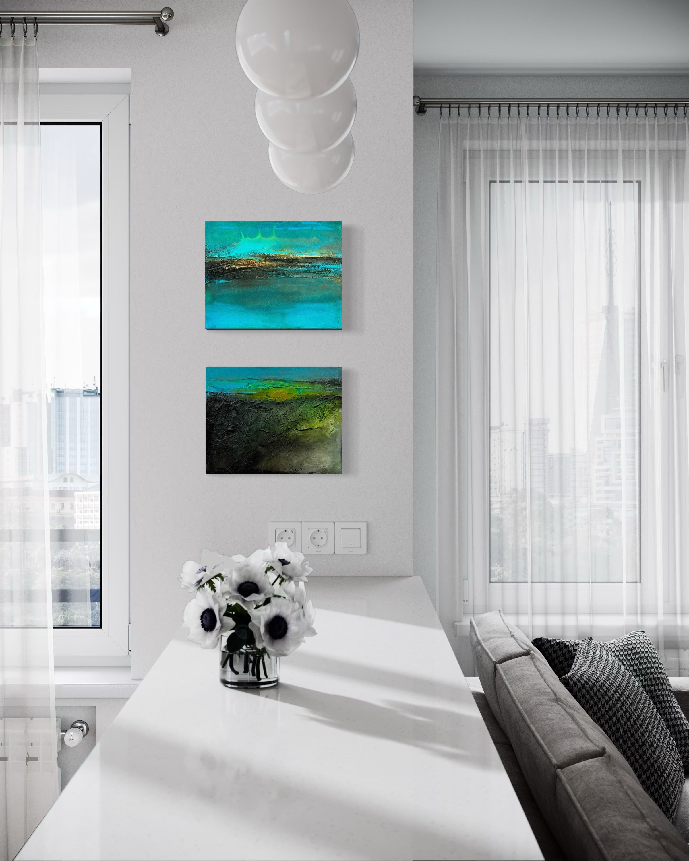 The Rush mixed media ocean painting with cliffside in modern room